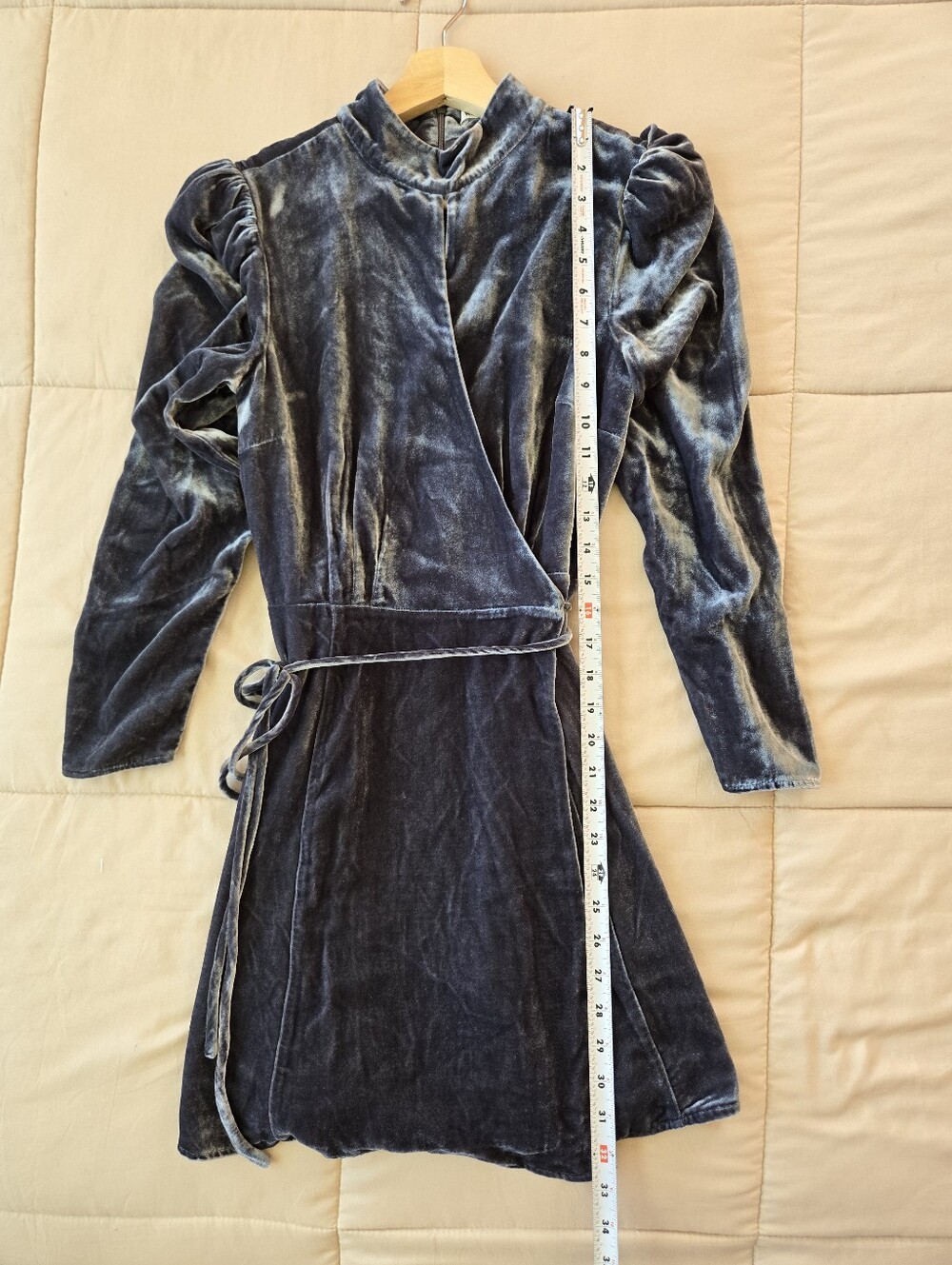 Reformation Ottessa Velvet Mini Wrap Dress, Color Slate, Size M Petite - Picture 13 of 13